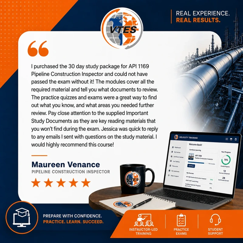 Velocity Training student review from Maureen Venance praising the API 1169 study package, practice quizzes, study documents, and course support.