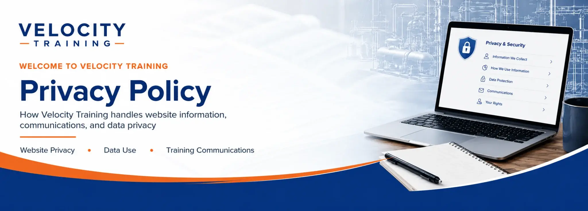 Velocity Training Privacy Policy banner showing a laptop privacy and security dashboard with website privacy, data use, and communications topics.